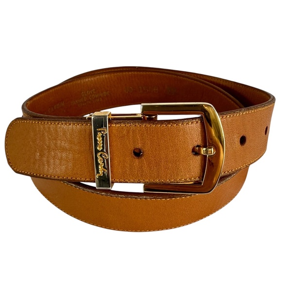 Vintage PIERRE CARDIN Tan Leather Gold Logo Buckle Unisex Belt Size 30 main image 10